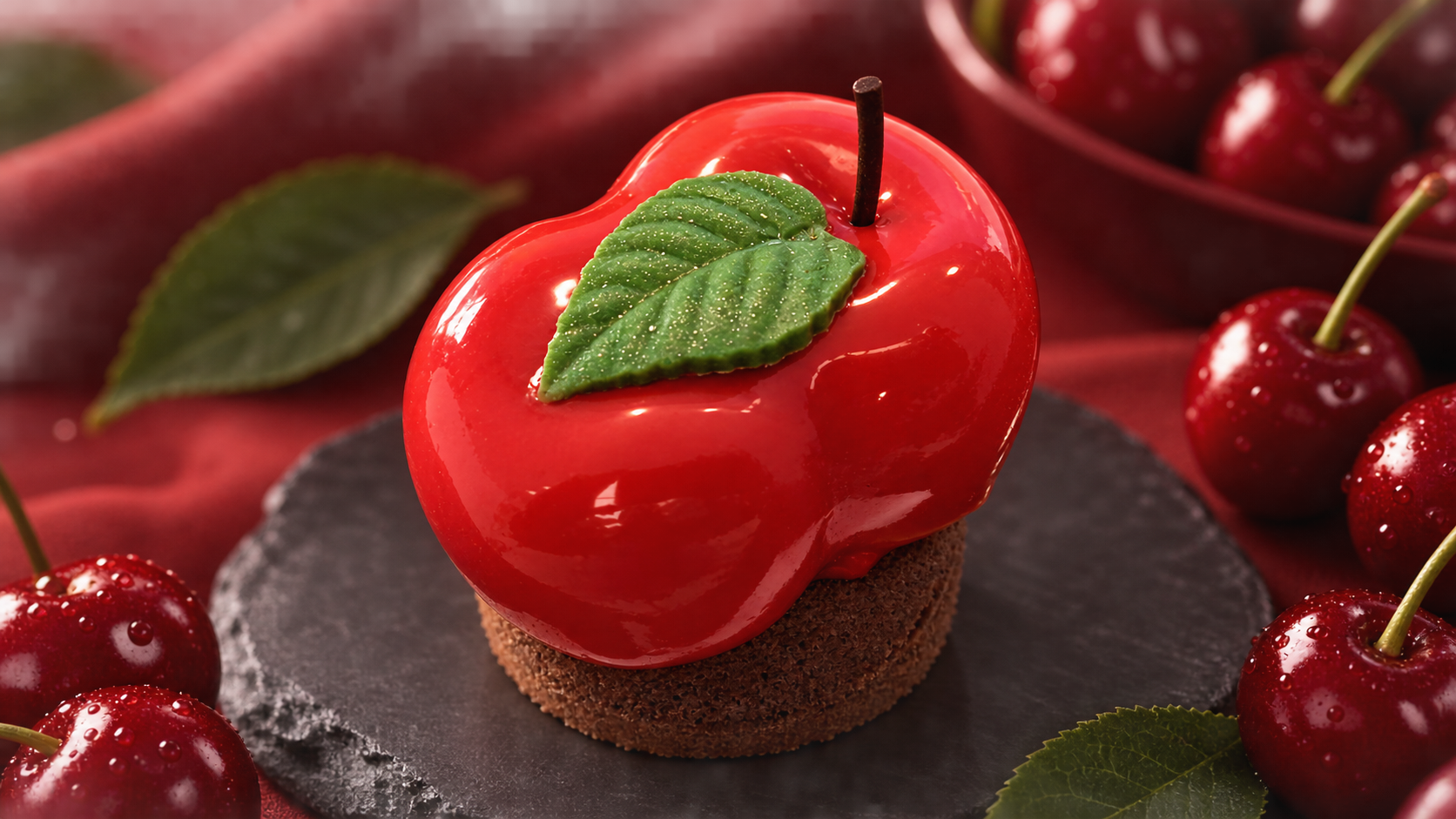 Cerise Mousse chocolat noir 75%, cerises Amaréna, coque de chocolat, nappage de fruits (foret noir)