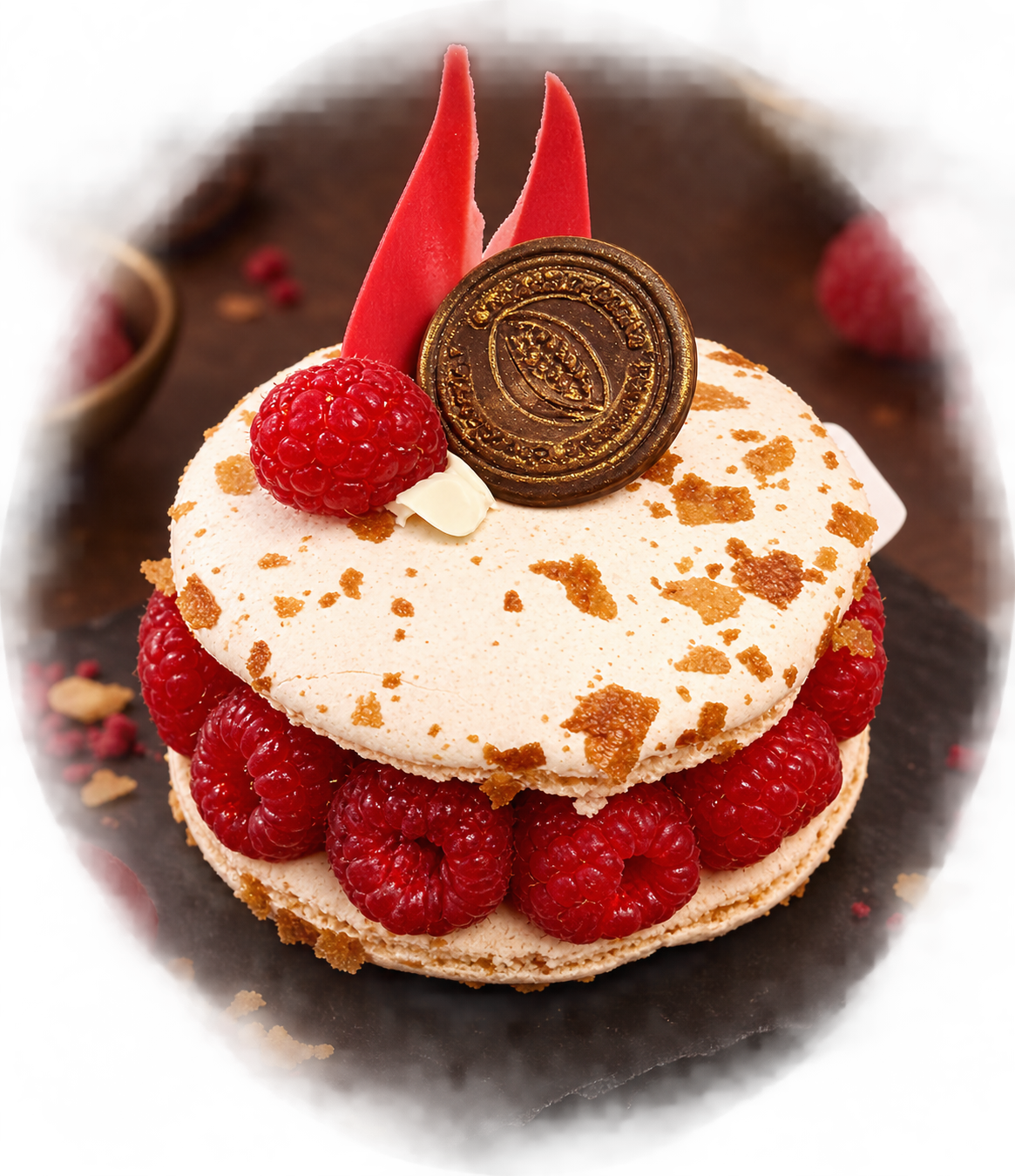 Macaron Framboises Framboises fraiche, Ganache vanille, compotée framboise