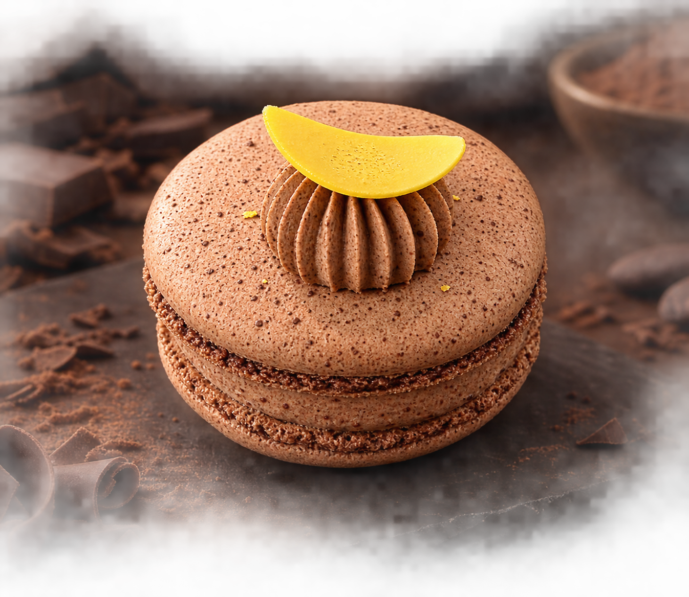 Macaron chocolat Ganache chocolat noir 75%, macaron chocolat, éclat de fèves de cacao