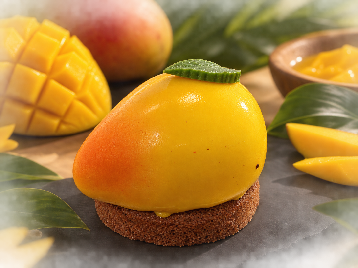 Mangue 2.0 Mousse mangue, insert mangue, coque de chocolat, nappage de fruits